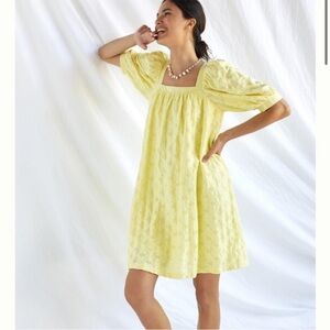 Anthropologie Maeve Eyelet Puff Sleeve Babydoll Mini Dress Chartreuse Citron M